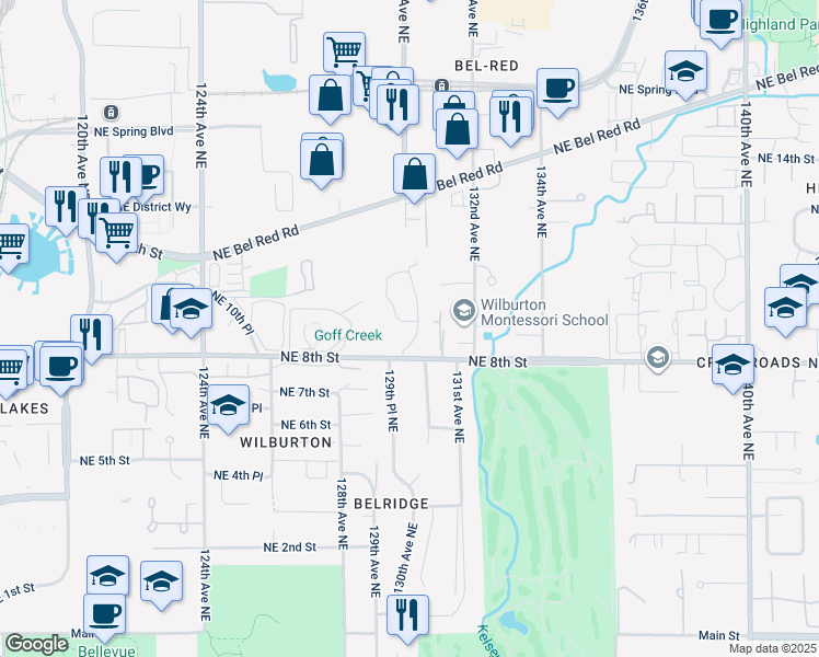 map of restaurants, bars, coffee shops, grocery stores, and more near 835 130th Avenue Northeast in Bellevue