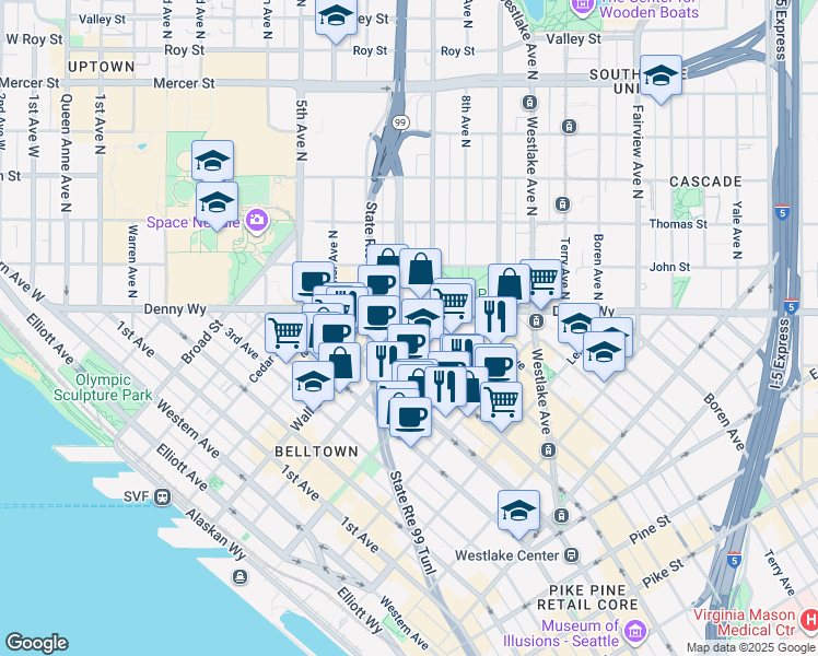map of restaurants, bars, coffee shops, grocery stores, and more near 616 Battery Street in Seattle