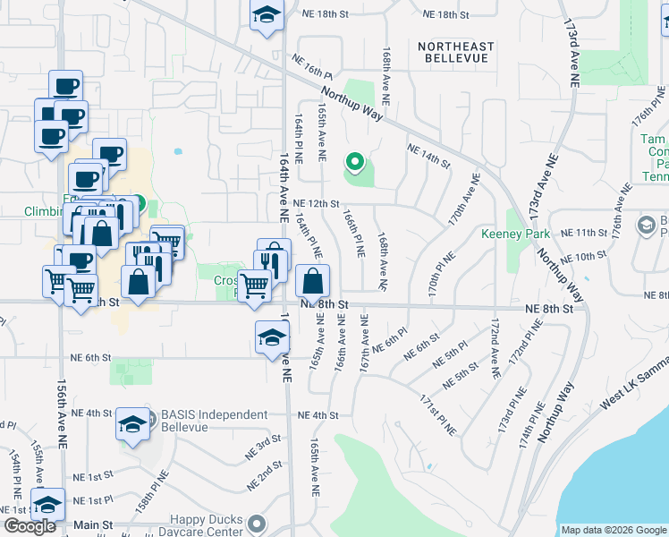 map of restaurants, bars, coffee shops, grocery stores, and more near 903 166th Avenue Northeast in Bellevue