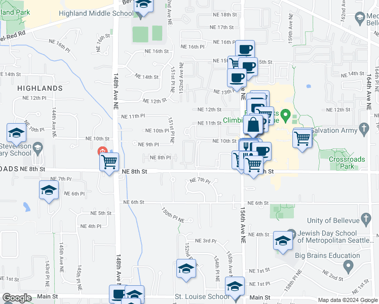 map of restaurants, bars, coffee shops, grocery stores, and more near 15204 Northeast 8th Street in Bellevue