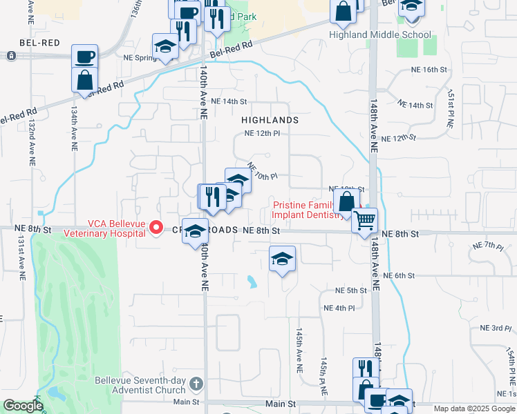 map of restaurants, bars, coffee shops, grocery stores, and more near 14118-14170 Northeast 8th Street in Bellevue
