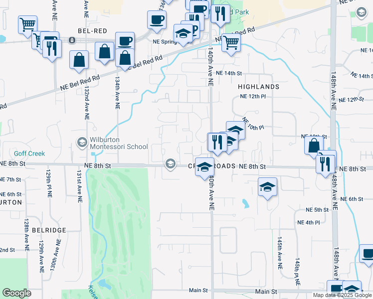 map of restaurants, bars, coffee shops, grocery stores, and more near 13863 Northeast 8th Street in Bellevue