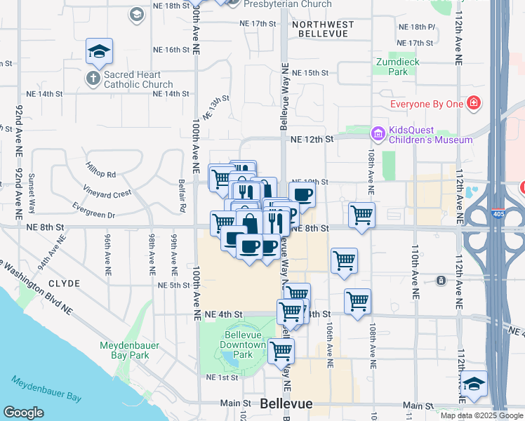 map of restaurants, bars, coffee shops, grocery stores, and more near 100 Bellevue Square in Bellevue