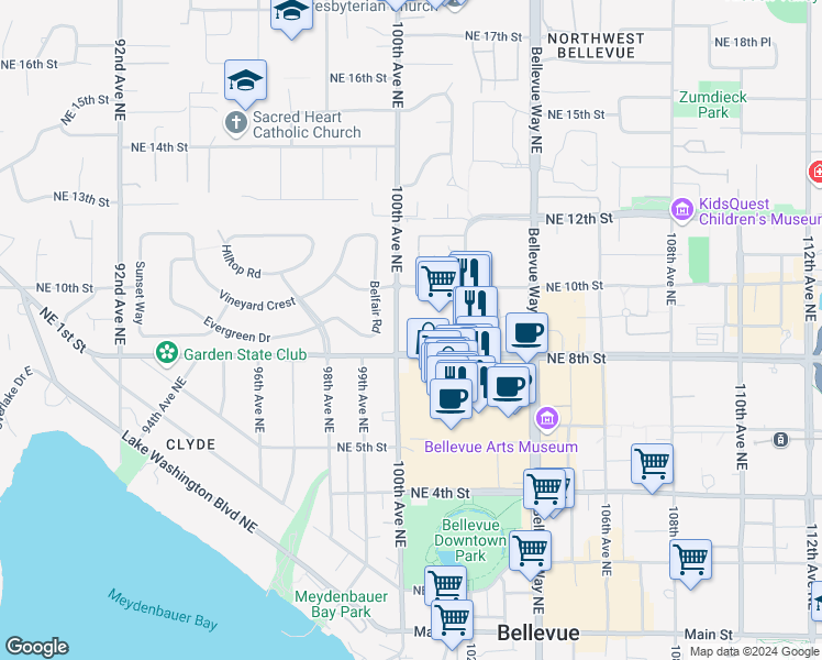 map of restaurants, bars, coffee shops, grocery stores, and more near 10058 Northeast 8th Street in Bellevue