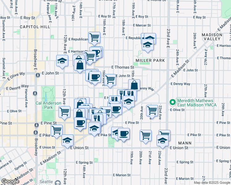map of restaurants, bars, coffee shops, grocery stores, and more near 1705 East Howell Street in Seattle