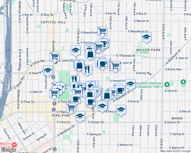 map of restaurants, bars, coffee shops, grocery stores, and more near 1327 East Howell Street in Seattle