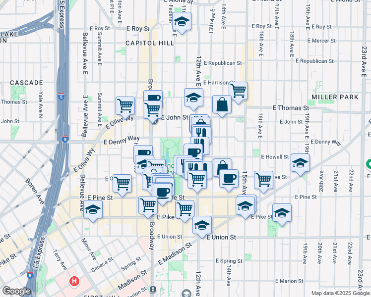 map of restaurants, bars, coffee shops, grocery stores, and more near in Seattle