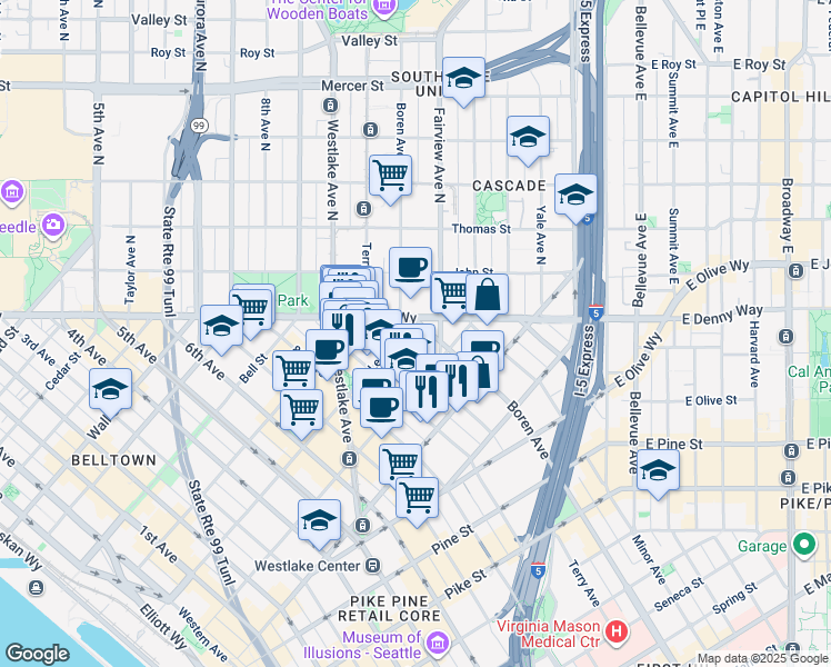 map of restaurants, bars, coffee shops, grocery stores, and more near 2014 Terry Avenue in Seattle