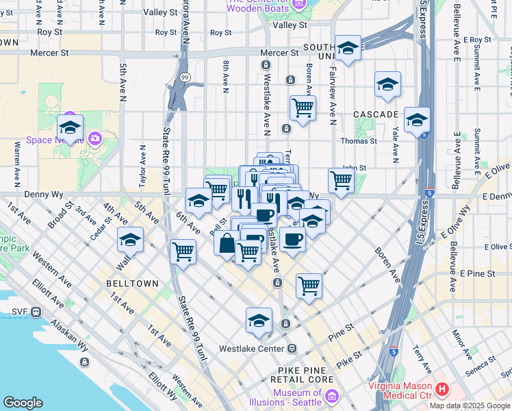 map of restaurants, bars, coffee shops, grocery stores, and more near in Seattle