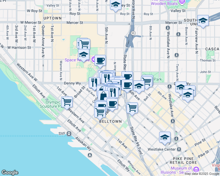 map of restaurants, bars, coffee shops, grocery stores, and more near 2615 4th Avenue in Seattle