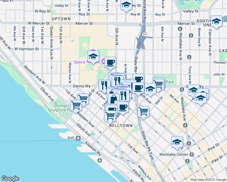 map of restaurants, bars, coffee shops, grocery stores, and more near 2615 4th Avenue in Seattle