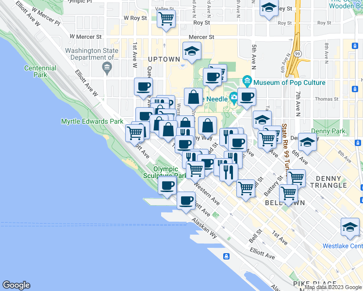 map of restaurants, bars, coffee shops, grocery stores, and more near 2915 1st Avenue in Seattle