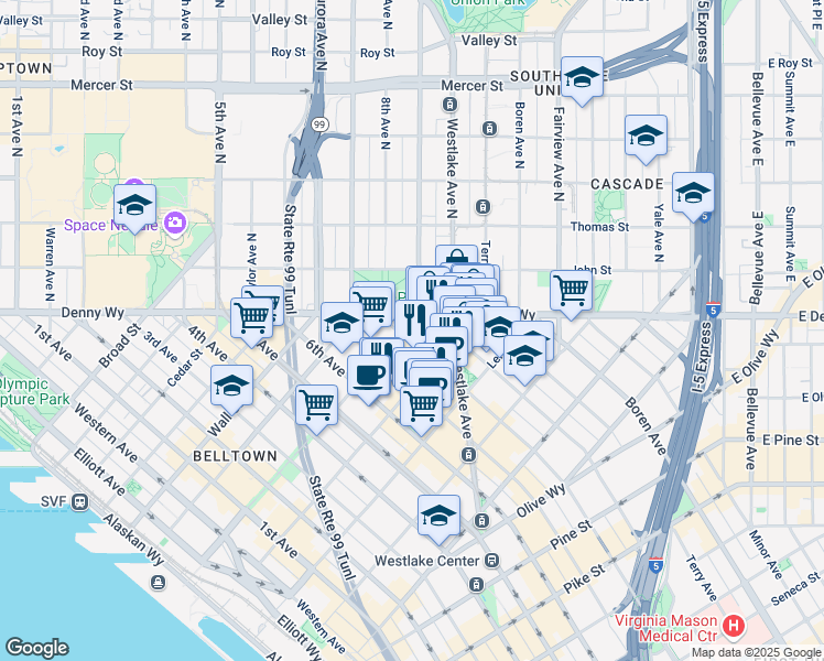 map of restaurants, bars, coffee shops, grocery stores, and more near 2225 8th Avenue in Seattle