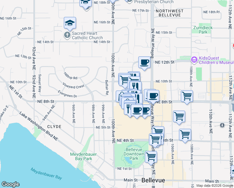 map of restaurants, bars, coffee shops, grocery stores, and more near 10058 Northeast 8th Street in Bellevue