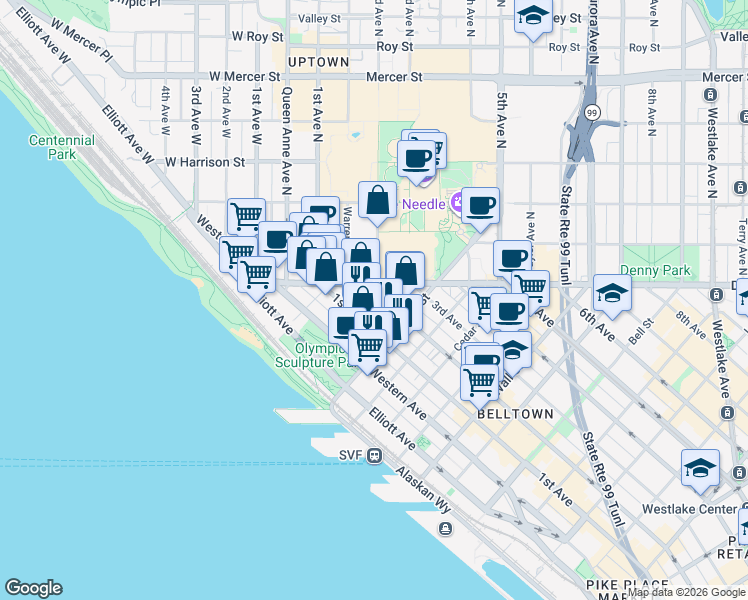 map of restaurants, bars, coffee shops, grocery stores, and more near 2915 1st Avenue in Seattle
