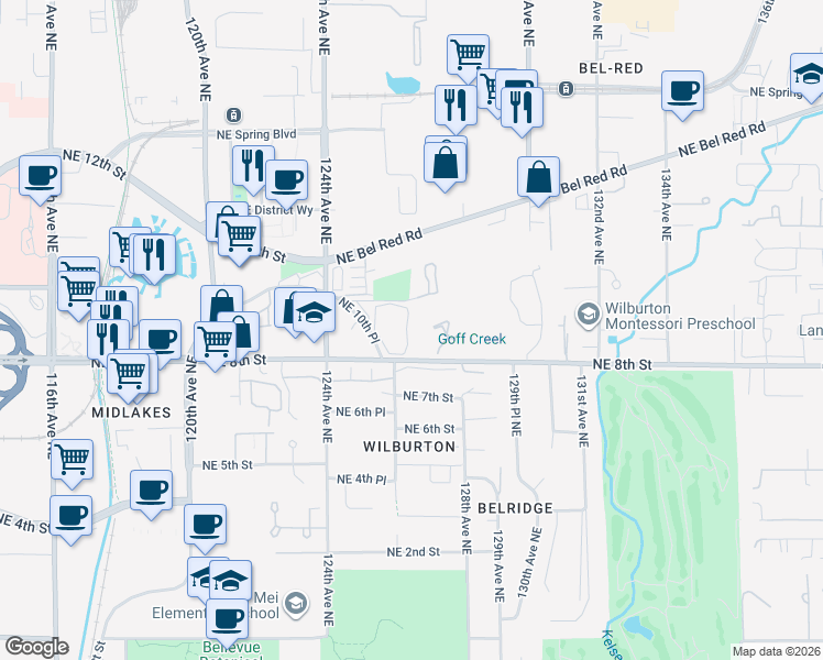 map of restaurants, bars, coffee shops, grocery stores, and more near 12631 Northeast 9th Place in Bellevue