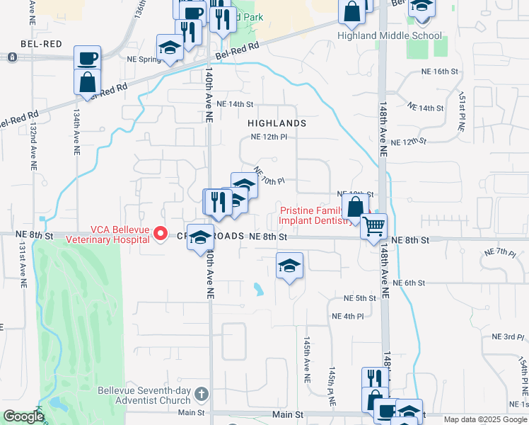 map of restaurants, bars, coffee shops, grocery stores, and more near 14220 Northeast 8th Street in Bellevue