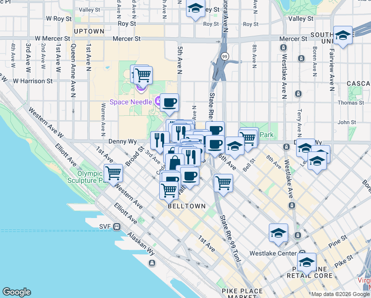 map of restaurants, bars, coffee shops, grocery stores, and more near 2615 4th Avenue in Seattle