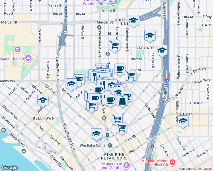 map of restaurants, bars, coffee shops, grocery stores, and more near 2121 Terry Avenue in Seattle