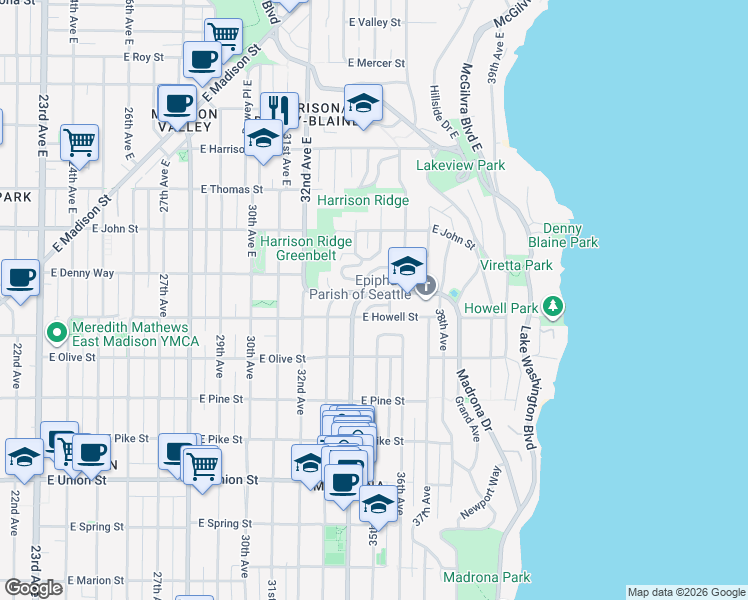 map of restaurants, bars, coffee shops, grocery stores, and more near 3602 East Schubert Place in Seattle