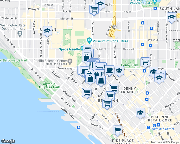 map of restaurants, bars, coffee shops, grocery stores, and more near 2615 4th Avenue in Seattle