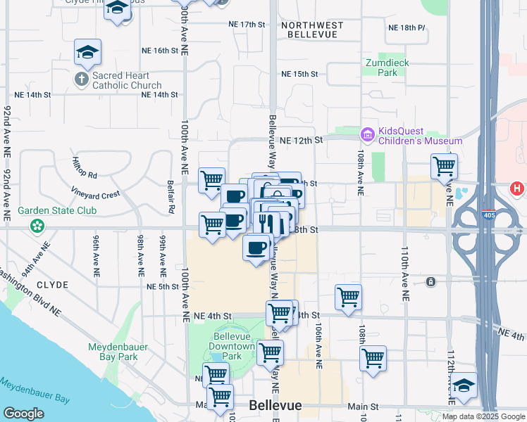 map of restaurants, bars, coffee shops, grocery stores, and more near in Bellevue