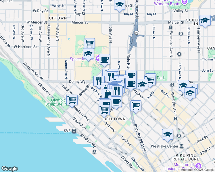 map of restaurants, bars, coffee shops, grocery stores, and more near 2615 4th Avenue in Seattle