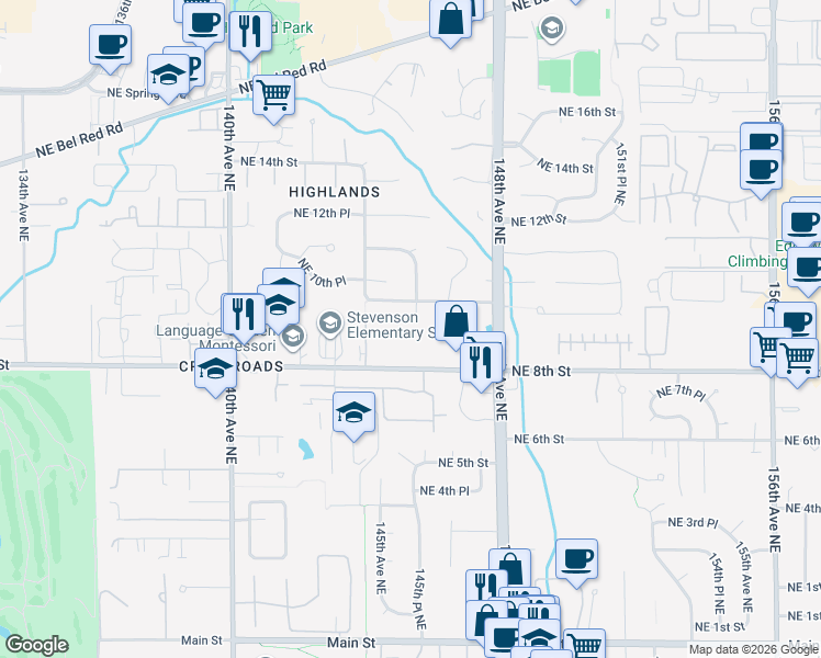 map of restaurants, bars, coffee shops, grocery stores, and more near 910 145th Place Northeast in Bellevue