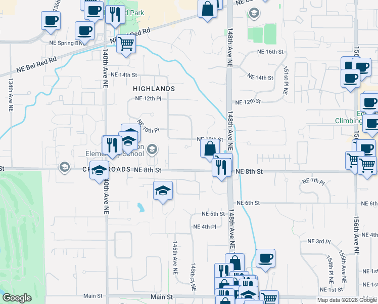 map of restaurants, bars, coffee shops, grocery stores, and more near 910 145th Place Northeast in Bellevue