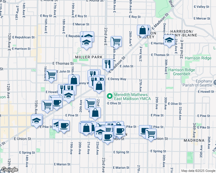 map of restaurants, bars, coffee shops, grocery stores, and more near 1740 23rd Avenue in Seattle