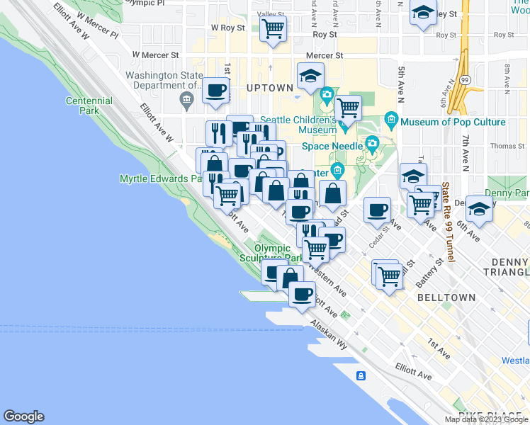 map of restaurants, bars, coffee shops, grocery stores, and more near 3031 Western Avenue in Seattle