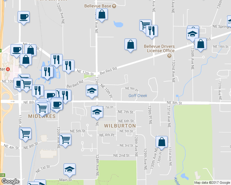 map of restaurants, bars, coffee shops, grocery stores, and more near 12640 Northeast 10th Place in Bellevue