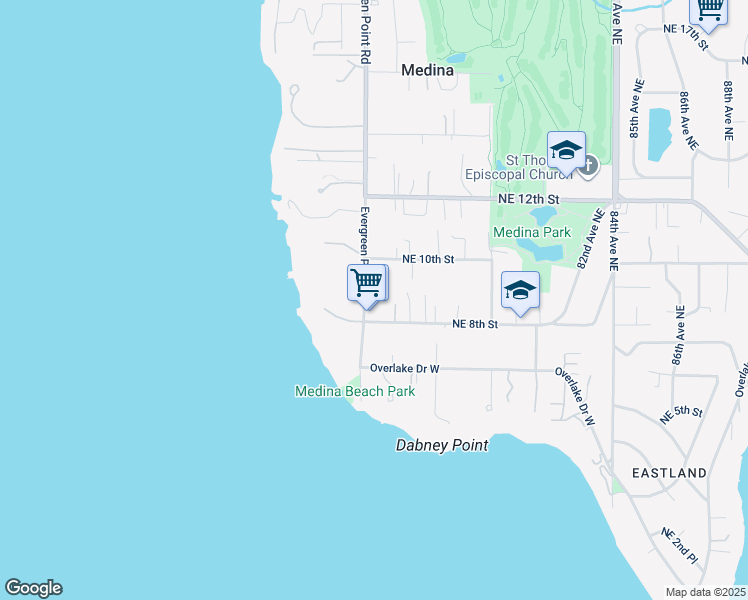 map of restaurants, bars, coffee shops, grocery stores, and more near 7616 Northeast 8th Street in Medina