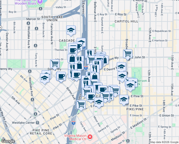 map of restaurants, bars, coffee shops, grocery stores, and more near 1718 Summit Avenue in Seattle