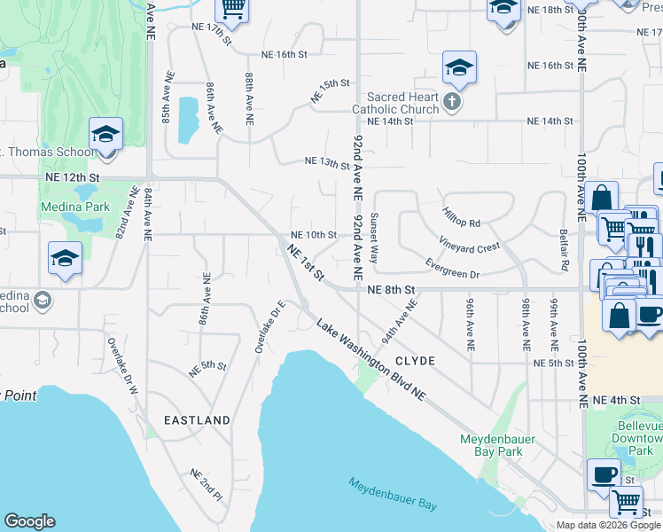 map of restaurants, bars, coffee shops, grocery stores, and more near 822 91st Avenue Northeast in Bellevue