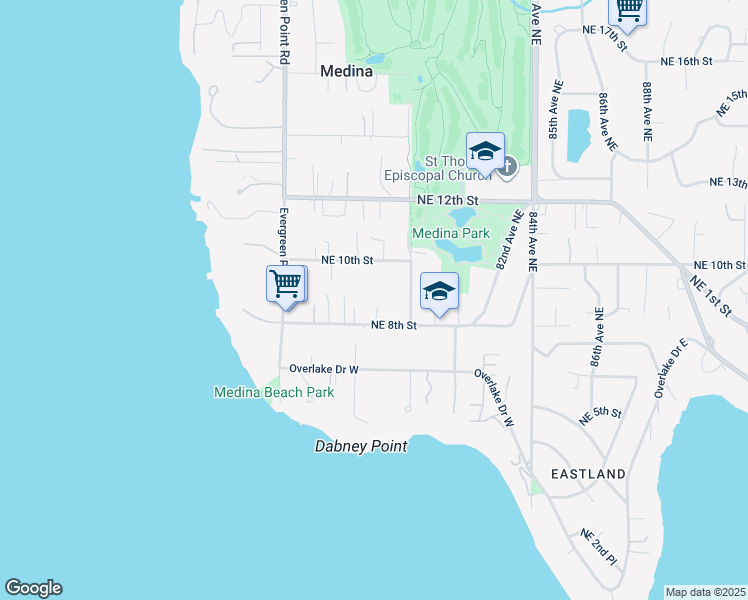 map of restaurants, bars, coffee shops, grocery stores, and more near 7832 Northeast 8th Street in Medina