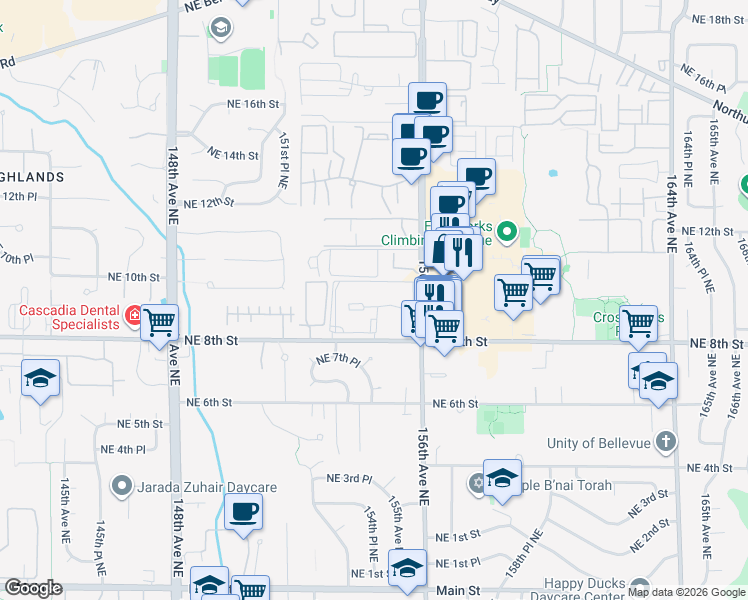 map of restaurants, bars, coffee shops, grocery stores, and more near 15325 Northeast 9th Place in Bellevue