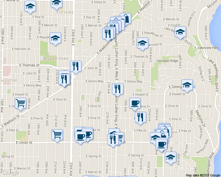 map of restaurants, bars, coffee shops, grocery stores, and more near 1731 Martin Luther King Junior Way in Seattle