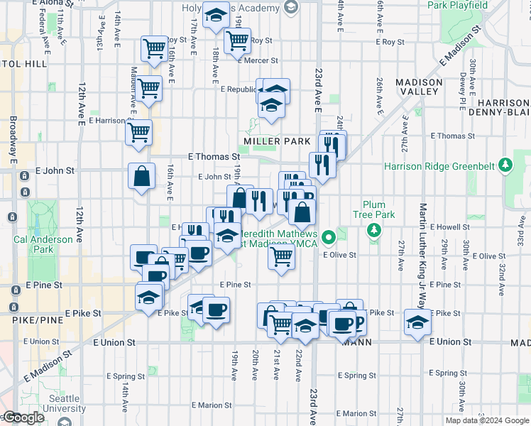 map of restaurants, bars, coffee shops, grocery stores, and more near 2014 East Madison Street in Seattle