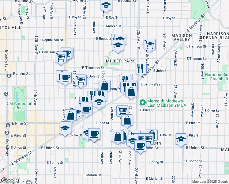 map of restaurants, bars, coffee shops, grocery stores, and more near 2014 East Madison Street in Seattle