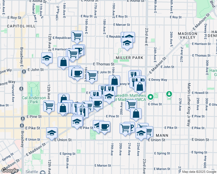 map of restaurants, bars, coffee shops, grocery stores, and more near 1732 18th Avenue in Seattle