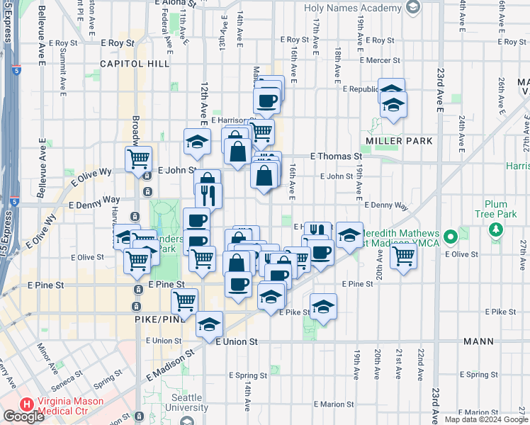 map of restaurants, bars, coffee shops, grocery stores, and more near 1733 15th Avenue in Seattle