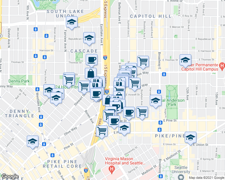 map of restaurants, bars, coffee shops, grocery stores, and more near 1718 Summit Avenue in Seattle