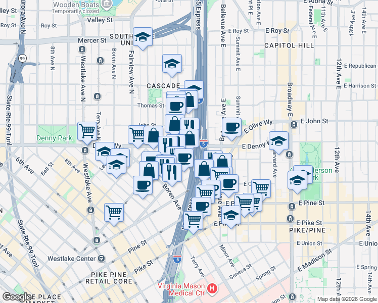 map of restaurants, bars, coffee shops, grocery stores, and more near 1208 Eastlake Avenue in Seattle