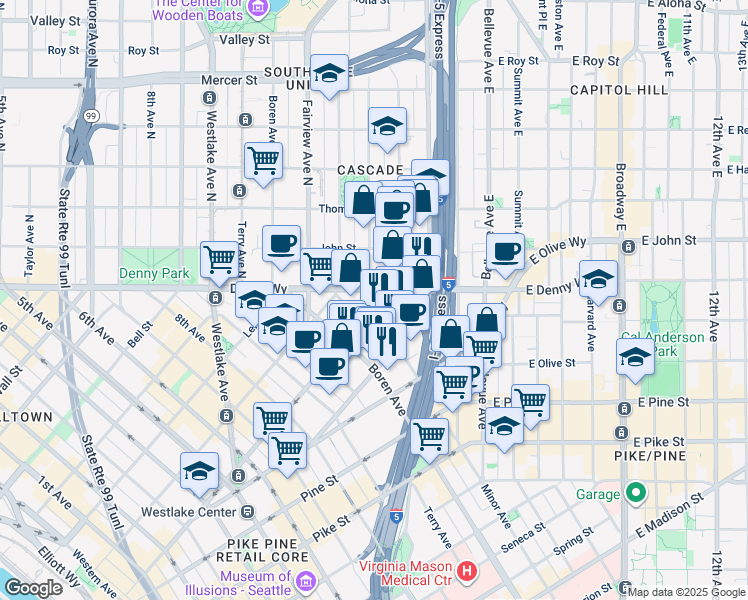 map of restaurants, bars, coffee shops, grocery stores, and more near 1818 Minor Avenue in Seattle