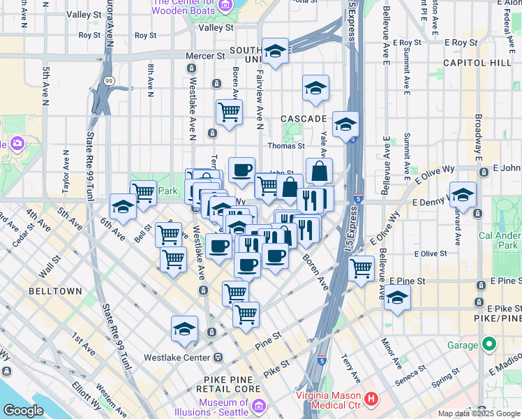 map of restaurants, bars, coffee shops, grocery stores, and more near in Seattle