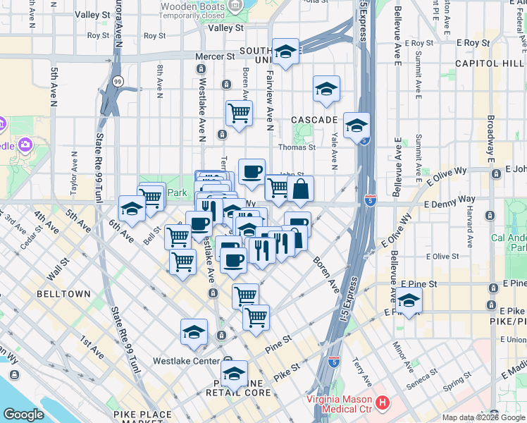 map of restaurants, bars, coffee shops, grocery stores, and more near 2014 Terry Avenue in Seattle