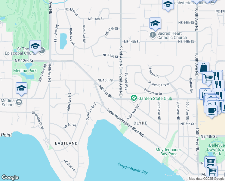 map of restaurants, bars, coffee shops, grocery stores, and more near 822 91st Avenue Northeast in Bellevue