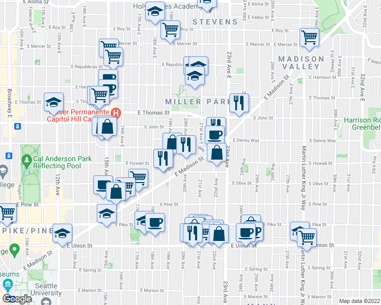 map of restaurants, bars, coffee shops, grocery stores, and more near 2014 East Madison Street in Seattle