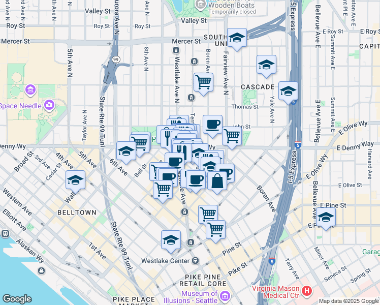 map of restaurants, bars, coffee shops, grocery stores, and more near 2125 Terry Avenue in Seattle
